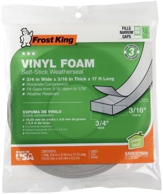 Frost King Vinyl Foam Tape - Closed Cell - Moderate Compression, 3/4" W, 3/16" Thick, 17' L, Grey