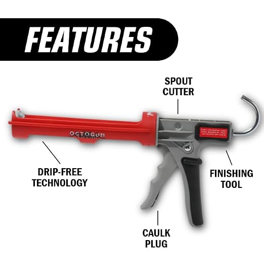 Newborn Octogun 208D Drip-Free Caulk Gun - Integrated 4-Sided Tooling Square & 2-Sided Scraper | 12:1 Thrust Ratio | Lightweight Plastic Design with Revolving Barrel