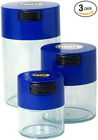 Tightvac Set of 3 - Patented Airtight Container | Multi-use Vacuum Container Works as Smell Proof Containers for Herbs and Dry Goods. Blue Caps and Clear Bodies