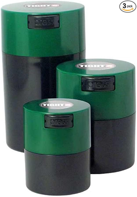 Tightvac Set of 3 - Patented Airtight Container | Multi-use Vacuum Container Works as Smell Proof Containers for Herbs and Dry Goods. Green Caps and Black Bodies