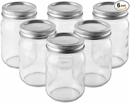 FastRack 16 oz Regular Mouth Mason Jars (Pack of 6) with Airtight Metal Lids | Pint Glass Canning Jars for Food Storage, Fermentation & Pickling | Clear Glass Canisters