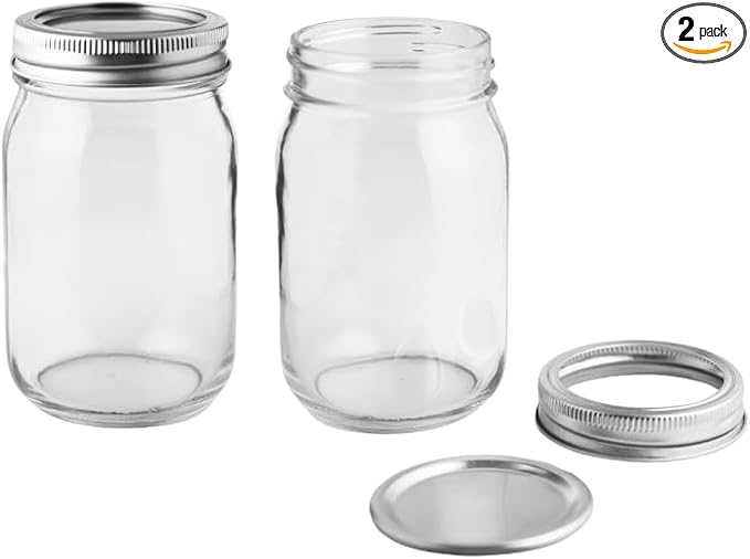 FastRack Regular Mouth Glass Mason Jars with Metal Airtight Lids | 16 oz - Pack of 2 | Large Glass Jars for Food Storage with Lids | Ideal for Canning, Fermentation, Pickling, Kombucha Brewing