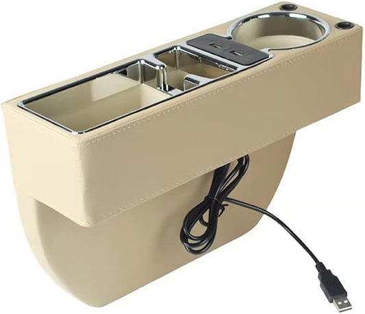 PU Leather Car Seat Gap Filler,Universal Car Seat Organizer Multifunctional Car Cup Holder Gap Filler Storage Box Console Side Pocket Car Organizer for Phones Sunglasses,USB Style,Beige