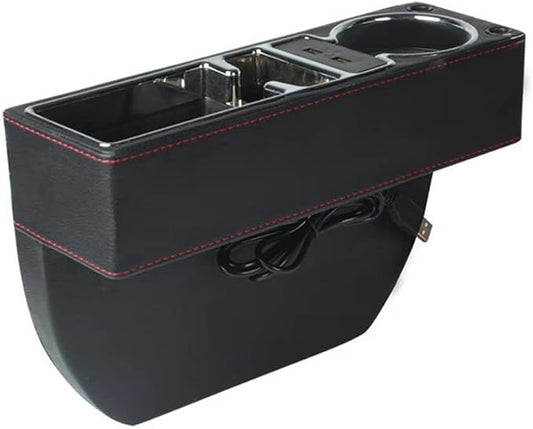 PU Leather Car Seat Gap Filler,Universal Car Seat Organizer Multifunctional Car Cup Holder Gap Filler Storage Box Console Side Pocket Car Organizer for Phones Sunglasses,USB Style,Black