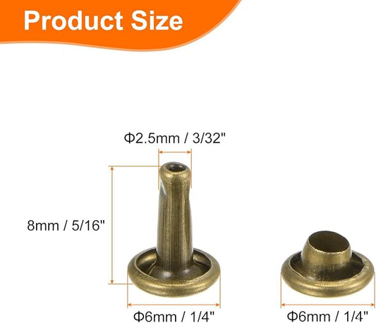HARFINGTON 100 Sets Double Cap Leather Rivets, 6x8mm Round Cap Tubular Metal Studs Leather Crafting Rivets for Fabric Belt Pet Collar Boot Bag Repair and Decoration, Bronze