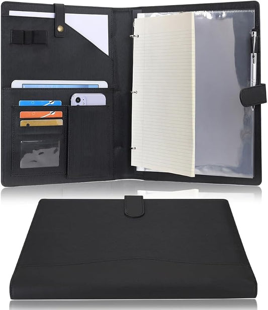 Wonderpool A4 PU Leather Portfolio Holder Ring File Document Case with Removable Binder Clipboard, Multi Pocket and Legal Pad for Business Organizer Interview and Meeting (Black)