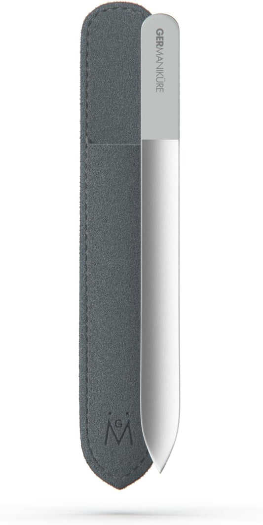 GERMANIKURE Czech Crystal Glass Nail File in Suede Leather Case, Original Gray Branded, Professional Manicure & Pedicure Products for Easy Shaping of Natural Nails