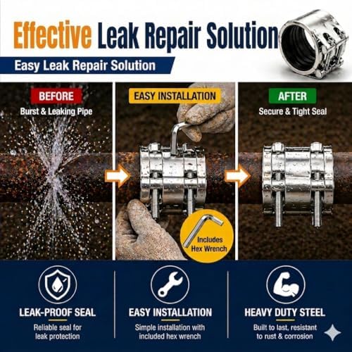 Pipe Repair Clamp，4 Inch(113mm-116mm) Stainless Steel Leak Sealer, Heavy Duty Pipe Leak Repair Kit for Metal & PVC Pipes, for Burst & Crack Water Pipe Emergency Maintenance