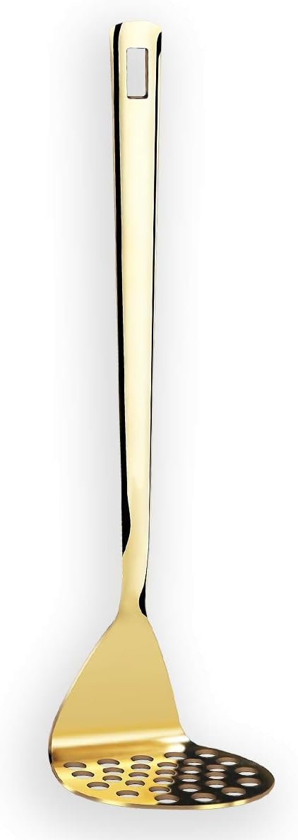 Gold Potato Masher, Berglander Heavy Duty Metal Potato Ricer Stainless Steel With Titanium Gold Plating, Food Utensil Hand, Vegetables Fruits Mashe, Dishwasher Safe, Easy to Clean