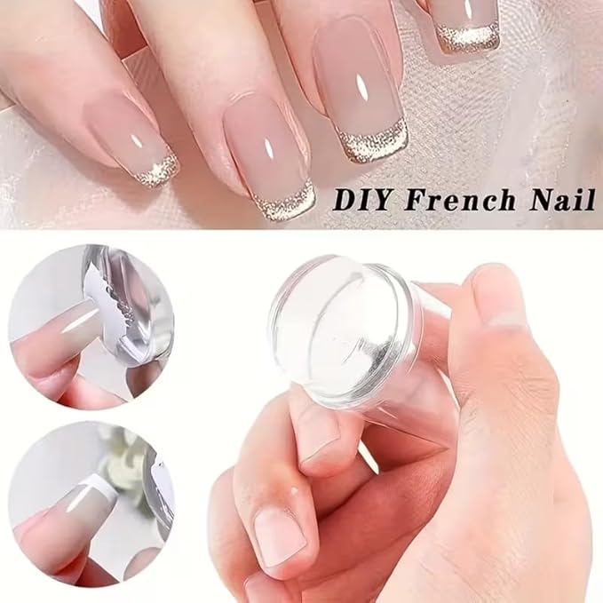 4Pcs French Tip Nail Stamp Set, Nail Stamper & Scraper, Clear Silicone French Tip Nail Art Stamper Kit with Scraper for Salon & DIY Manicure, Nail Stamping Tool for Nail Art Transfer