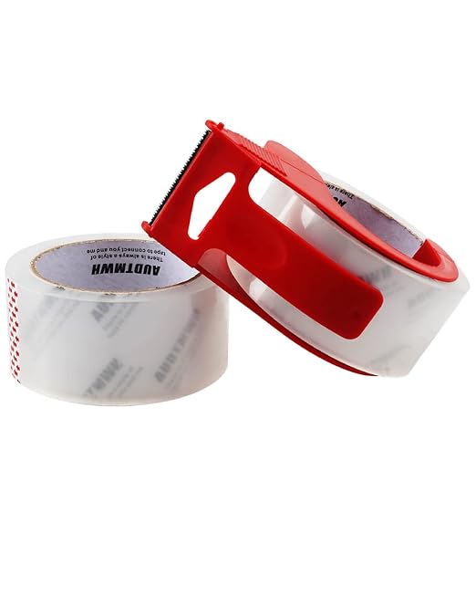AUDTMWH Packing Tape with Dispenser, Clear, Heavy Duty Packaging Tape Designed for Moving, Packing, Shipping and Mailing, 1.88" x 48 Yds, 2 Rolls w/1 Dispenser