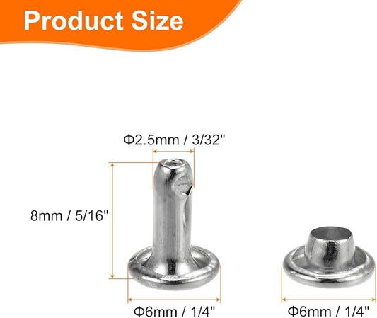 HARFINGTON 100 Sets Double Cap Leather Rivets, 6x8mm Round Cap Tubular Metal Studs Leather Crafting Rivets for Fabric Belt Pet Collar Boot Bag Repair and Decoration, Silver