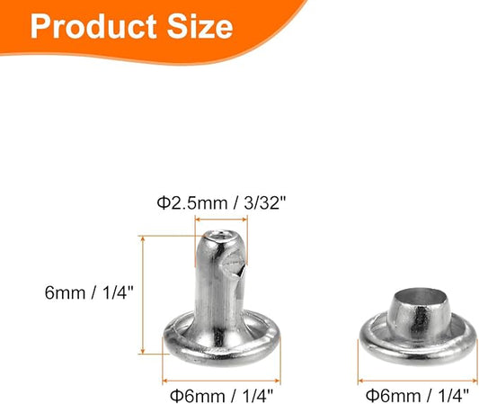 HARFINGTON 100 Sets Double Cap Leather Rivets, 6x6mm Round Cap Tubular Metal Studs Leather Crafting Rivets for Fabric Belt Pet Collar Boot Bag Repair and Decoration, Silver