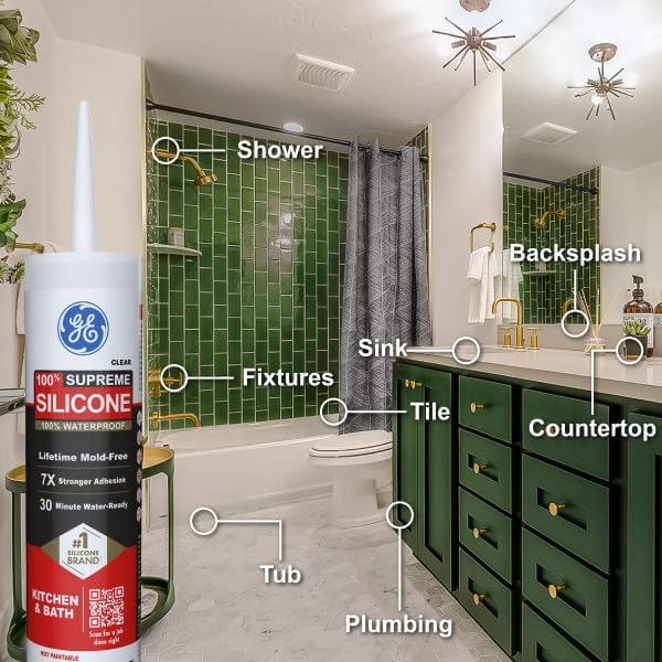 GE Supreme Silicone Caulk for Kitchen & Bathroom, White, 10 fl oz Cartridge, 12 Pack - 100% Waterproof Silicone Sealant, 7X Stronger Adhesion, Shrink & Crack Proof