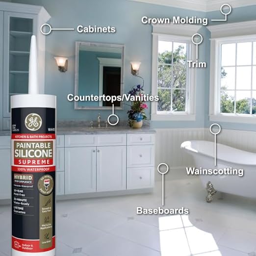 GE Supreme Paintable Silicone Caulk for Kitchen & Bathroom, White, 9.5 fl oz Cartridge, 1 Pack - 100% Waterproof Silicone Sealant, 7X Stronger Adhesion, Shrink & Crack Proof