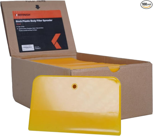 KREFINISH Body Filler Spreaders (Pack of 100) - 6" Yellow Reusable Plastic Spreader for Automotive Fillers, Putties, Glazes, Caulks and Paint