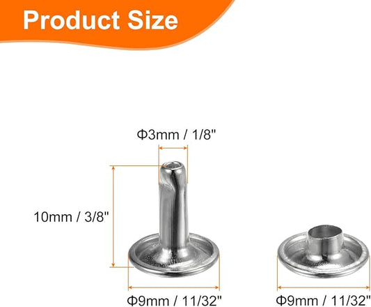 HARFINGTON 100 Sets Double Cap Leather Rivets, 9x10mm Round Cap Tubular Metal Studs Leather Crafting Rivets for Fabric Belt Pet Collar Boot Bag Repair and Decoration, Silver