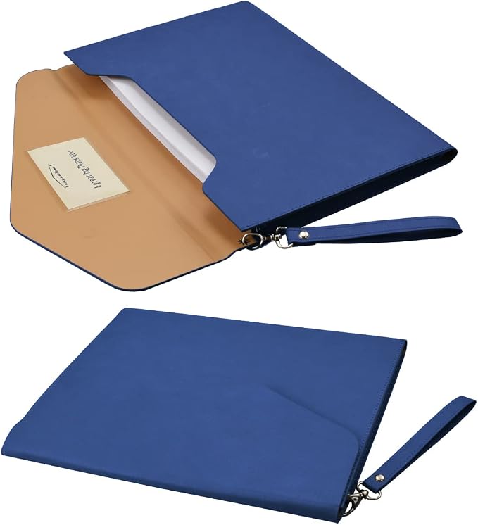 PU A4 Leather File Folder Document Holder Folder Stylish Portfolio Envelope Case with Strap and Invisible Magnetic Closure (Blue)