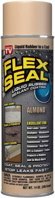 Flex Seal, 14 oz, Almond, Stop Leaks Instantly, Waterproof Rubber Spray On Sealant Coating, Perfect for Gutters, Wood, RV, Campers, Roof Repair, Skylights, Windows, and More