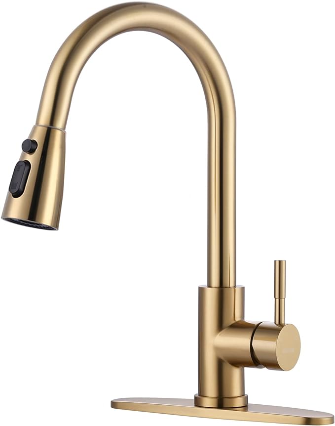 WOWOW Brushed Gold Kitchen Faucet With Sprayer, Stainless Steel High Arc Single Handle Sink Faucet for 1 or 3 Hole, Luxurious Gold Utility RV Kitchen Tap