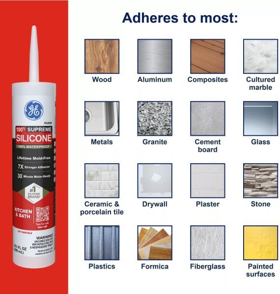 GE Supreme Silicone Caulk for Kitchen & Bathroom, Clear, 10 fl oz Cartridge, 12 Pack - 100% Waterproof Silicone Sealant, 7X Stronger Adhesion, Shrink & Crack Proof