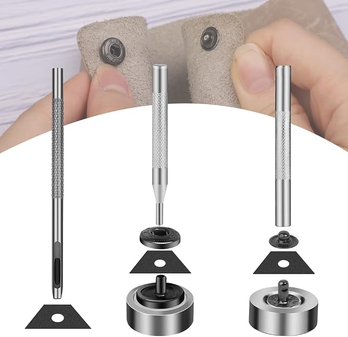 TLKKUE 50 Sets Leather Snap Fasteners Kit 10mm Black Metal Snap Buttons kit Stainless Steel with 4pcs Snap Fastener Installation Tools for Sewing Clothing, Bracelets, Jackets, Bags Belt, DIY Crafts