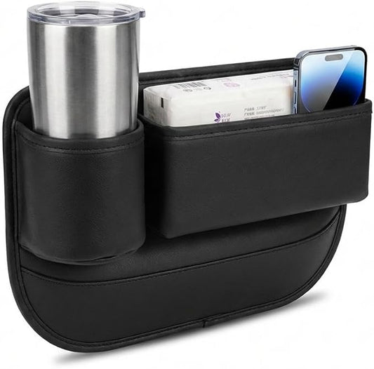 Car Seat Gap Filler Organizer, PU Leather Car Accessories Organizer, for Front Seat,Console Organizer for Phone, Keys and Small Items, It has a cup holder and a long storage slot.（Driver side)