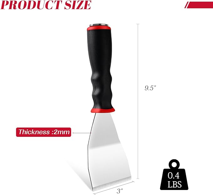 Mister Rui Bent Heavy Duty Scraper, 3 Inch Bent Scraper, Stainless Steel Putty Knife with Hammer End, Spackle Knife with Soft Grip Rubber Handle, Paint Scraper Tool for Wood