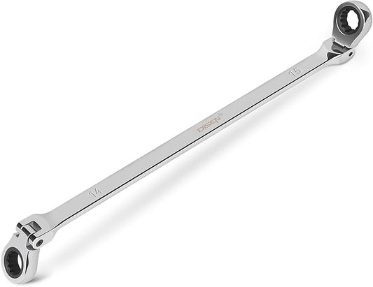 DISEN 14-15mm Extra Long Flex Head Ratcheting Wrench, Double Box End Long Reach Ratchet Wrench, CRV Steel, Metric