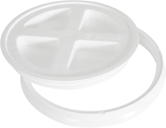 Gamma2 Seal Bucket Lid Food Grade Pet Food Storage Container Twist Lock Lid, 10" Diameter Fits Most 2 Gallon Buckets, White, Made in USA