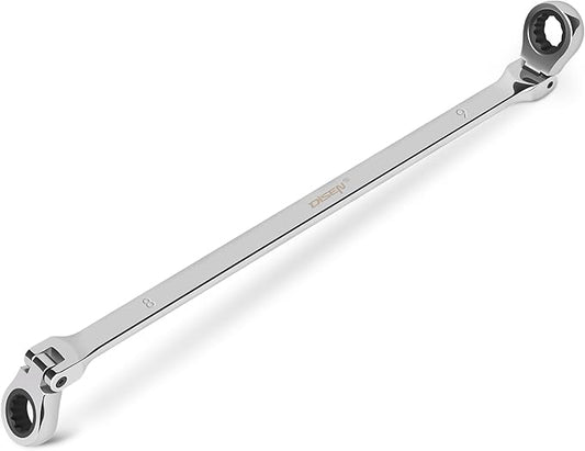 DISEN 8-9mm Extra Long Flex Head Ratcheting Wrench, Double Box End Long Reach Ratchet Wrench, CRV Steel, Metric