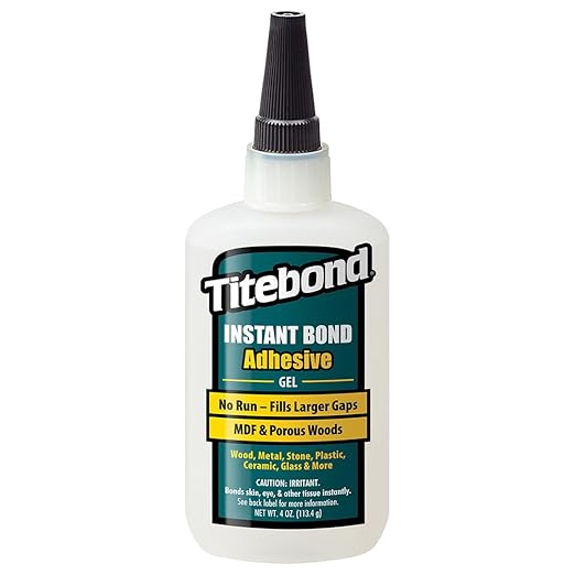 Titebond Instant Bond Gel CA Super Glue – Ethyl Cyanoacrylate Adhesive for Wood, MDF, Odd-Shaped Surfaces & Cabinetry, 20-30 Second Set – 4 Oz. 6232