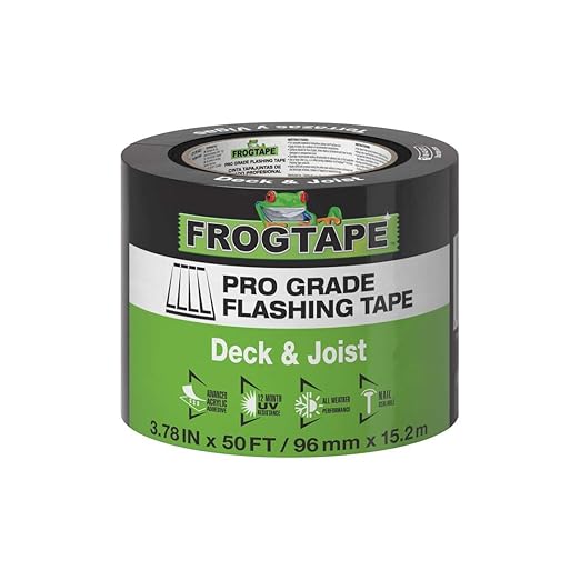 FrogTape Pro Grade Deck and Joist Flashing Tape - 4 Inch Width (3.78 in. x 50 ft) - All Weather & UV Resistant Linerless Tape for Decking, Wood, Beams with Advanced Acrylic Adhesive - 13 mils - Black