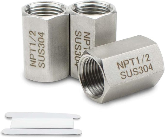 Bwintech 3 Pcs 304 Stainless Steel Forging Hex Coupling, 1/2" NPT x 1/2" NPT Female Threaded Pipe Fittings, Hex Coupling Rod Version