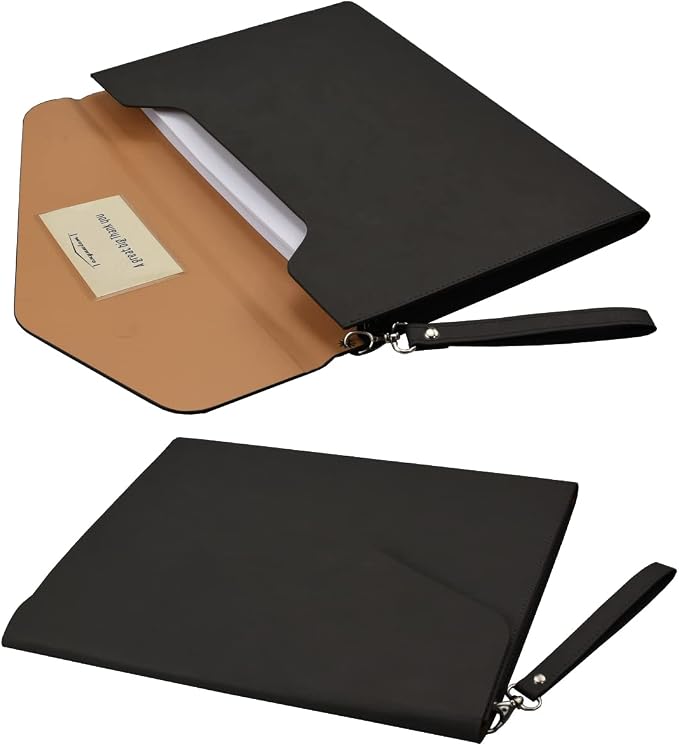PU A4 Leather File Folder Document Holder Folder Stylish Portfolio Envelope Case with Strap and Invisible Magnetic Closure (Black)