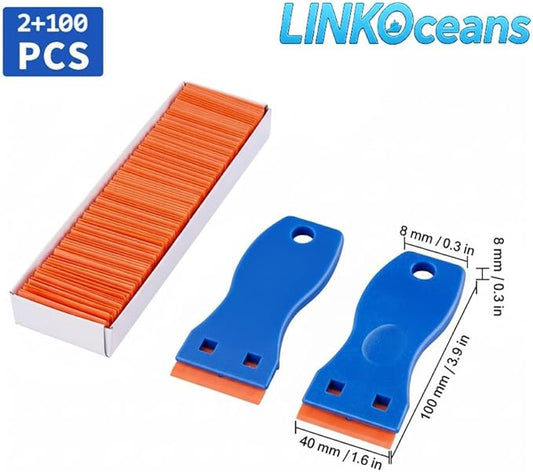2PCS Plastic Razor Blade Scrapers with 100 Blades – LINKOceans Safe Adhesive Remover for Stickers, Decals, Labels, Caulk & Gaskets on 3D printer beds,Glass,car or Windows Non Scratch Cleaning Tool
