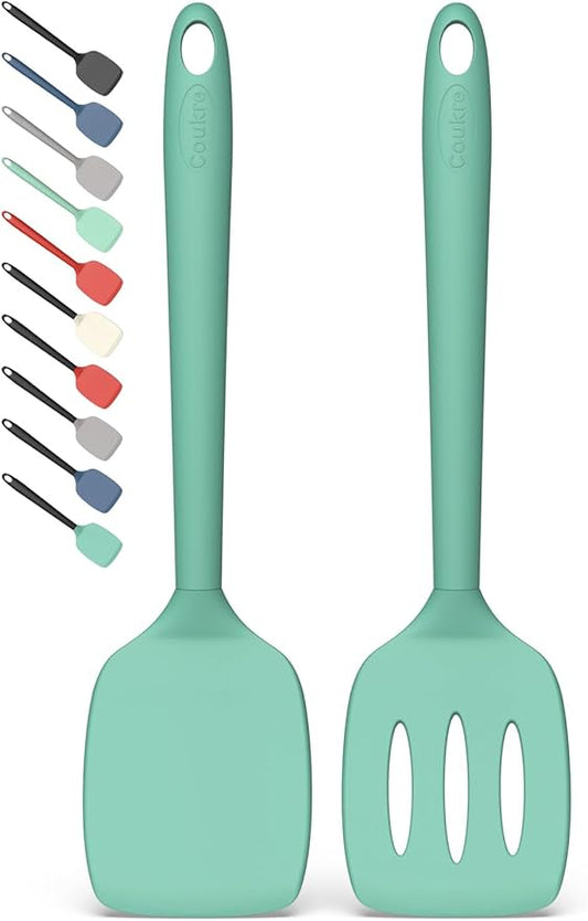 Coukre 2 Pack Silicone Spatula Set, High Heat Resistant, BPA Free Kitchen Spatula, Solid & Slotted Turner for Non-Stick Pans, Sautéing, and Flipping (2, PureAquaGreen)