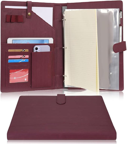 Wonderpool A4 PU Leather Portfolio Holder Ring File Document Case with Removable Binder Clipboard, Multi Pocket and Legal Pad for Business Organizer Interview and Meeting (Wine red)