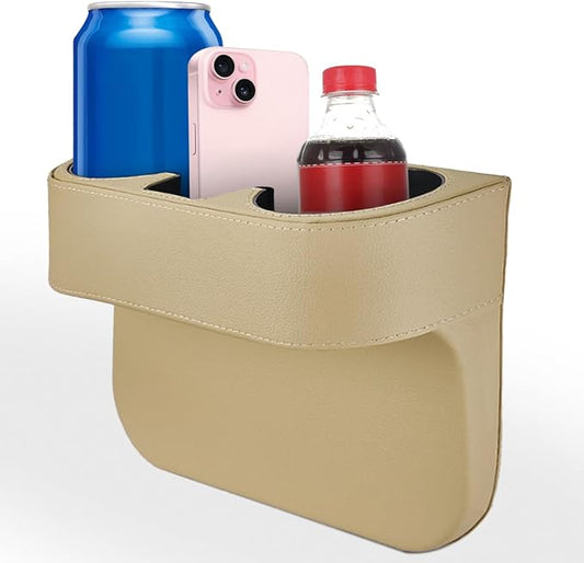 KITUREK Car Cup Holder, PU Leather Cover Auto Front Seat Organizer, Beige | Multifunctional Cup Drink Holder, Gap Filler Coin Bucket Storage Box, Console Side Pocket, Cell Mobile Phone Holder