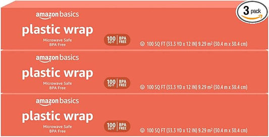 Amazon Basics Plastic Food Wrap, BPA Free, Microwave Safe with Tight Seal, 300 Sq Ft, Pack of 3, 100 Sq Ft Rolls