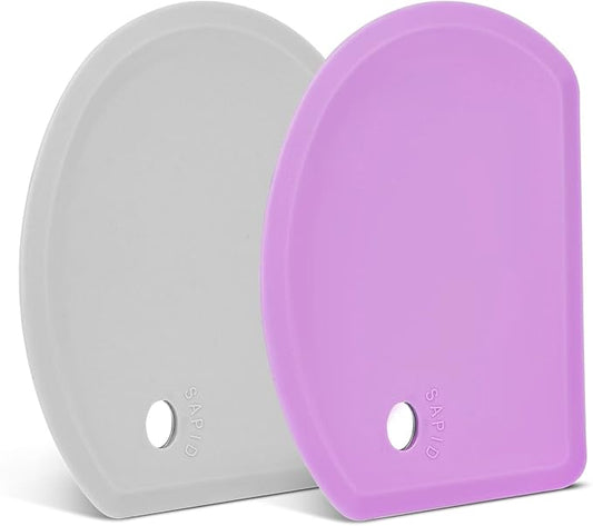Silicone Dough Scraper with Stainless Steel Sheet, Curved Edge Flexible Bowl Scraper for Baking, Food Grade Silicone Bench Scraper for Sourdough Bread Proofing Basket, Set of 2, Gray & Purple, SAPID