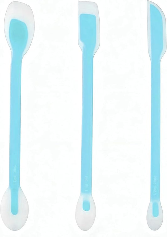 Long Handle Jar Scraper & Dual-Ended Silicone Spatula Spoon Set of 3 – Peanut Butter Spatula with Measuring Scale (1 Tbsp, 1 Tsp, 1/2 Tsp) for Deep Jars, Jam, Mayo, Blender Cups (blue)