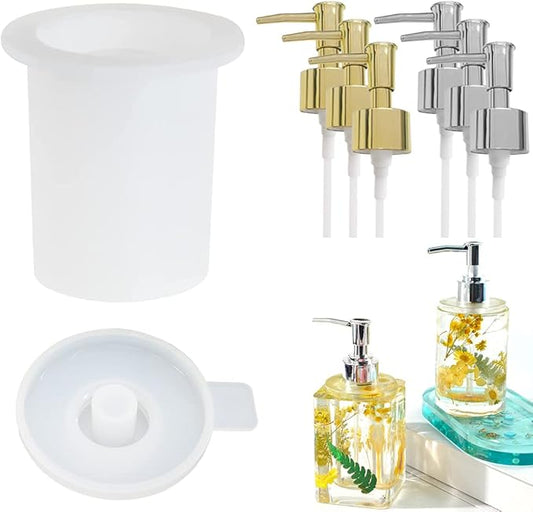 Pump Bottle Resin Mold,1 Set Bathroom Bottle Resin Mold+6 Pack Dispenser Pump,Pump Bottle for Storage Soap Lotions Hand Sanitizer and Creams, DIY Dispenser Pump Bottles for Kitchen, Home Decor