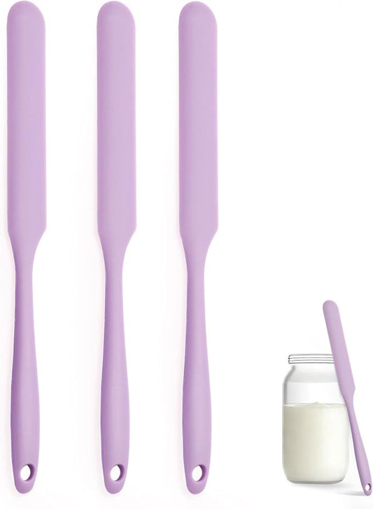 Silicone Jar Spatula Set of 3, Long Handle Skinny Spatula and Spurtle for Sourdough Starter, Flexible Jar Scraper for Peanut Butter, Jam, Icing, Cream with No Batter Left Behind (3, Purple)