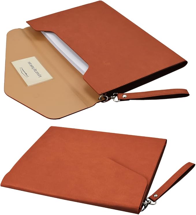 PU A4 Leather File Folder Document Holder Folder Stylish Portfolio Envelope Case with Strap and Invisible Magnetic Closure (Brown)