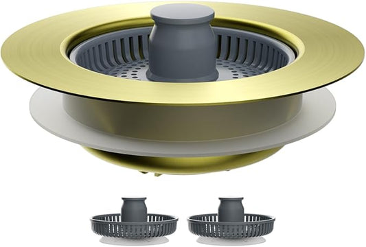 Hibbent Upgraded 3 in 1 Kitchen Sink Drain Strainer and Stopper Combo, Stainless Steel Metal Pop Up Sink Stopper, 3 Anti-Clogging Basket Strainers for US Standard 3-1/2 Inch Drain, Brushed Gold