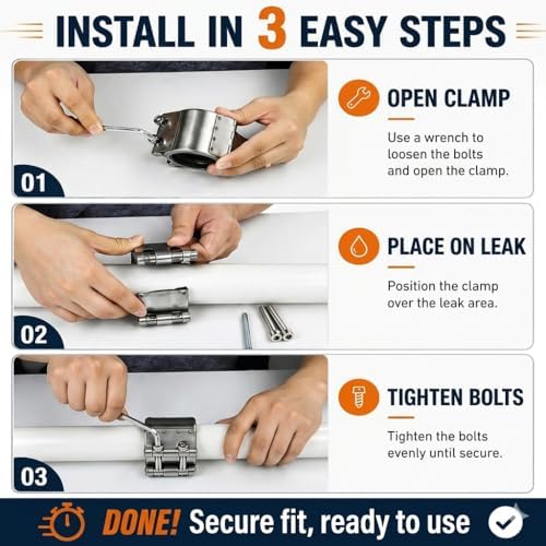 Pipe Repair Clamp，4 Inch(113mm-116mm) Stainless Steel Leak Sealer, Heavy Duty Pipe Leak Repair Kit for Metal & PVC Pipes, for Burst & Crack Water Pipe Emergency Maintenance