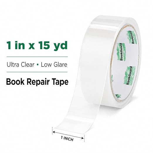 BookGuard Clear Book Repair Tape, Book Binding Tape 1 Inch x 15 Yards, Ultra Clear Low-Glare Flexible Polyethylene Library Tape for Spine, Hinge, Cover & Page Repair
