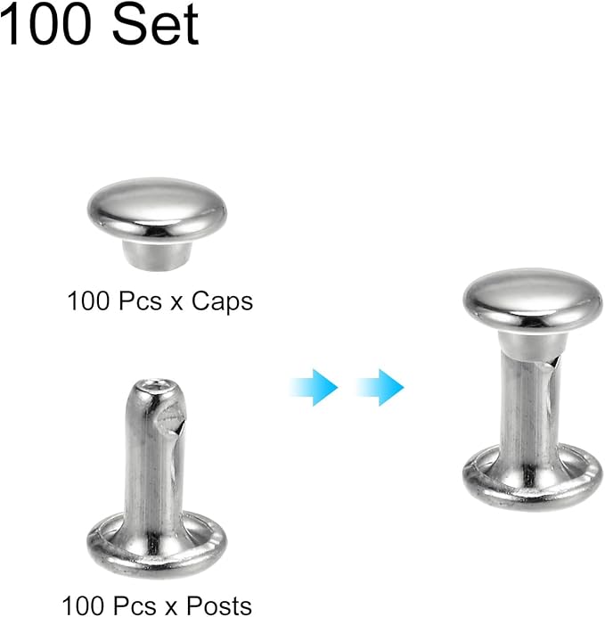 HARFINGTON 100 Sets Double Cap Leather Rivets, 6x8mm Round Cap Tubular Metal Studs Leather Crafting Rivets for Fabric Belt Pet Collar Boot Bag Repair and Decoration, Silver