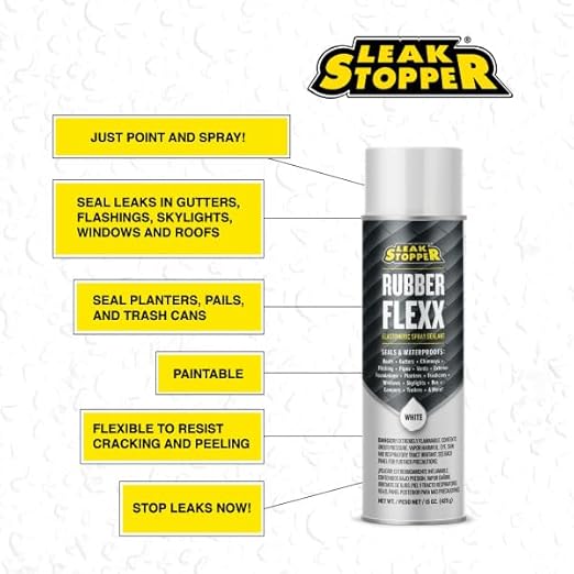Leak Stopper Rubber Flexx – Waterproof Repair & Sealant Spray - Point & Spray to Seal Cracks, Holes, Leaks, Corrosion & More | White – 1 Bottle 15 Ounces